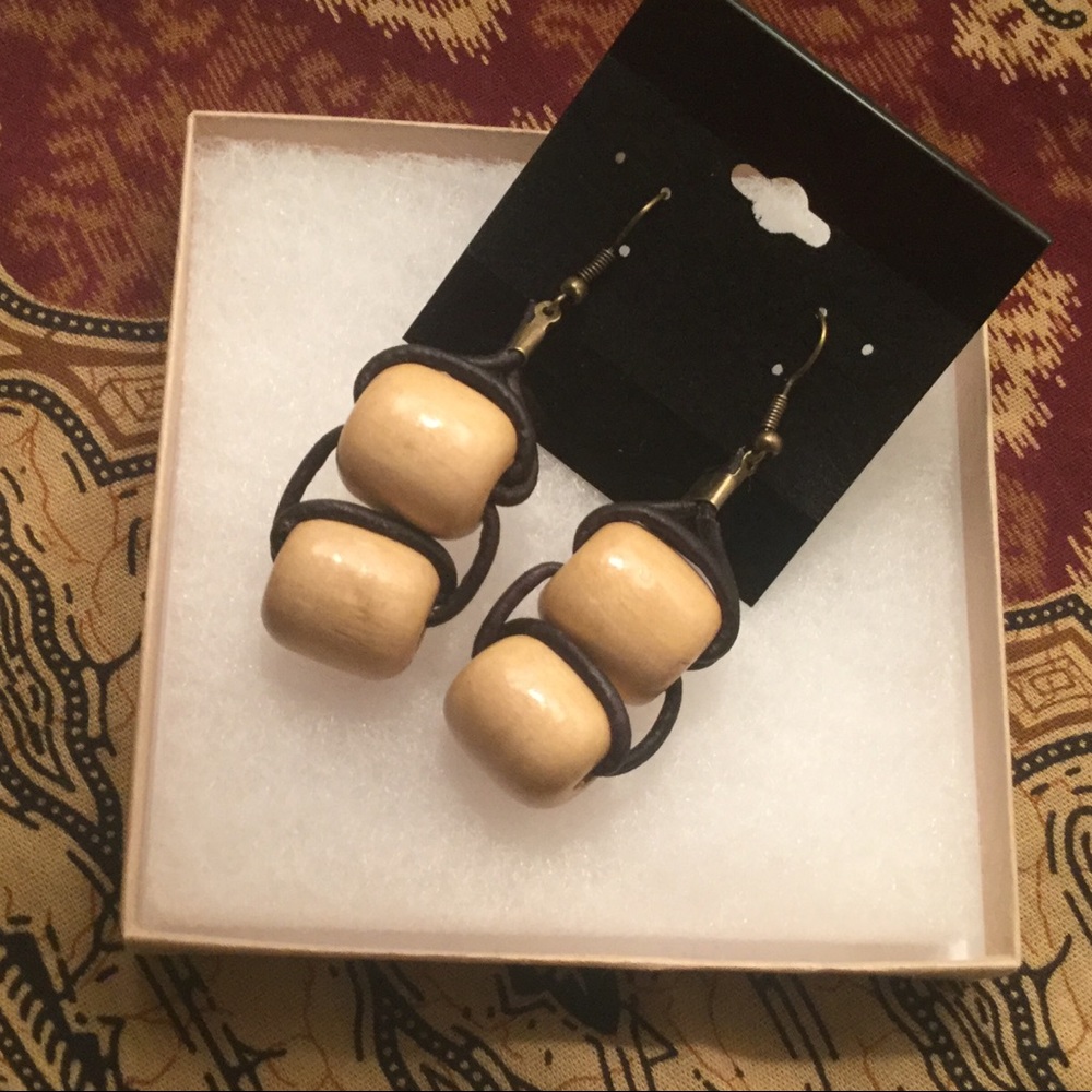 Wood Barrel Leather Earrings with Brass Hardware